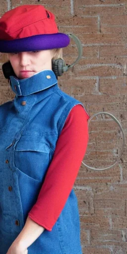 Whole real woman in the image. she has plum-blue-magenta-camouflage mantel and simple orange felt bolero.Felt cloth visor with tippet cobalt blue. SMALL FELT CAP is merged to Old AKG headphones with recognizable Golden rings! cloth materials are denim and felt cloth mixed. Fashion 2023. Colors: Cream white, zinc plate, red ochre, ochre, orange - all mixed. Thick tights. Thick calves. She is in figure from top to toe.