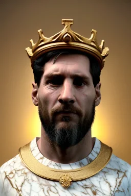 Realistic image, sculpture, white marble material with gold veins, Lionel Messi, gold laurel leaves crown, gold ornaments, Renaissance style, sun rays background, waist up portrait, epic, celestial, cinematic lighting, God lights, 4k resolution, smooth details, soft lighting, unreal engine 5, art station, substance 3d.