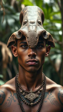 General , ultra HD shot of a strong young man with Mayan features, tribal tattoos, textured copper skin, elongated skull, tribal jewelry, large, Background of the figure in a jungle environment.