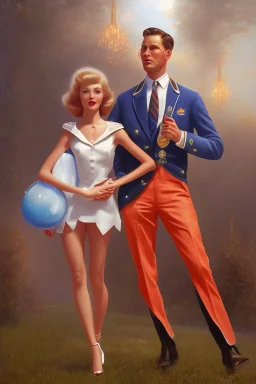 american dream painint man holding a robot girl 1950s