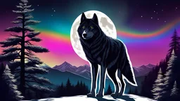 humanoid looking wolf, turning to face you, dark forest background, glowing eyes. staring, starry night sky, dark rainbow gradient sky, standing at the top of a mountain, howling to the moon