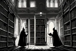 two cardinal priest, silhouette, library office, desk, interior, secret corridor, medieval, illustration,