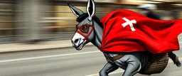 Political propaganda poster for Mexican Hitler on fast superhero donkey, airbrush and pen outline against motion blurred photo background