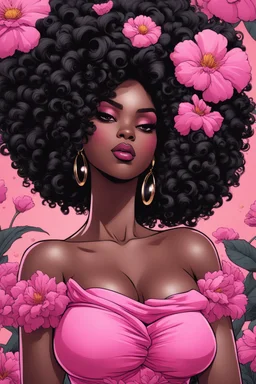 Create an comic book art style image of a curvy black female wearing a pink off the shoulder blouse and she is looking down with Prominent makeup. Highly detailed tightly curly black afro. Background of large pink and black flowers surrounding her