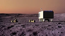 A police Tesla Cybertruck is chasing a Tesla 'Model S Plaid' at top speed on the Moon, by the landing site of the 'Apollo 11'. CINEMATIC. WIDE ANGLE LENS.