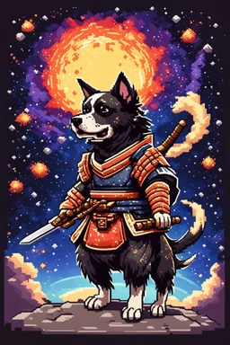 A dog samurai in the space with a supernova galaxy exploded behind, 8bits, pixel art,