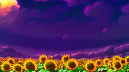 purple sky full of stars, sunflower field, anime, high res, makoto shinkai
