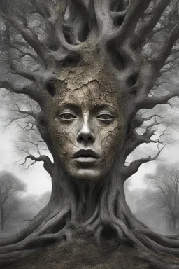 surrealis monochrome A fragmented, surreal sculpture liguid color of photorealistic image 3d,psychedelic art of a big tree surrounded by trees-glossy emerging from dreamlike a crumbling building. The face appears pale with deep cracks and intricate details, evoking a haunting expression. Blackened tree branches intertwine with the gold mengkilat cracks, set against a backdrop of stormy, cloud-filled skies. bauhaus art The overall tone is dark and moody, suggesting themes of decay and transfor