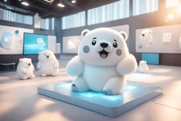 cute fluffy chibi ice bear on an exhibition room with electronic stands in sunshine