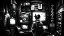 cyberpunk, Unique dada-esque mixed media composition incorporating found objects, typography, and nontraditional materials, black and white monochromatic palette, grey scale, vaporwave, neon colors, science fiction, detailed scene