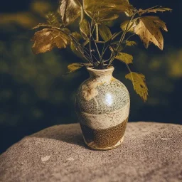 artistic photo of a tiny cracked ceramic vase repaired with gold, kintsugi, garden setting, beautiful landscape photography, beautiful, vines and leaves, delicate, cinematic, high detail, beautiful composition, delicate arrangement, aesthetic, soft lighting, award winning photography, tender