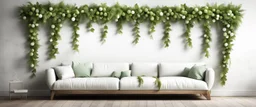 Hyper Realistic Green garlands on a rustic white lounge wall with vignette effect