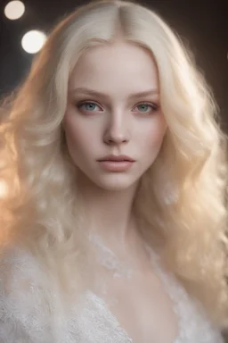 Photorealistic and detailed portrait: 19 year-old albino amina ependieva. heterochromia like amina ependievas eyes ghostly blonde hair in long, luxurious wispy waves ghostly blonde eyebrows ghostly blonde eyelashes buxom, tight cleavage luscious lips white edwardian blouse, lace dress fairy lights, perfect airbrush, realistic eyes, intricate stunning highly detailed photo of a girl by amina arsakova.