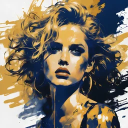 Poster in two gradually, a one side show his tonge, and other side the Singer Danish MØ face, painting by Yoji Shinkawa, darkblue and gold tones,