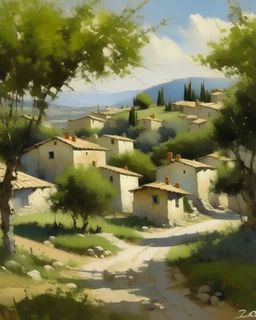 A small village with olive trees painted by Zosan
