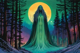 create an abstract expressionist lithograph of a ghostly tribal druid priestess, with highly detailed, delicate feminine facial features, inhabiting an ethereal Northern forest of ancient hemlocks, in the comic book style of Jean Giraud Moebius, David Hoskins, and Enki Bilal, precisely drawn, sharply defined, boldly inked, with the vibrant colors of the midnight moon