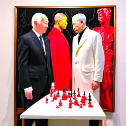 Putin, President Xi Of China And Joe Biden Play Chess With A Pigeon,Ufo And Atomic Bomb Mushroom Cloud,Complex Surgical Instruments Intermixed With A Newborn Boy,Minimalism,Painting By Adrian Ghenie,Rene Magritte,Pablo Picasso,Michelangelo,Salvador Dali,Lucian Freud