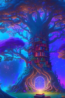 Enchanted libriary filled with ancient tomes of knowledge and magic, mysterious aura and giant tree, 4k resolution, hyper detailed