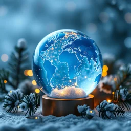 all World Map Globe xmas crystal Ball in Blue-white Colors and little warm lights around, blur background with snowflakes , and pines, intricate details, beautifully shot, hyperrealistic, sharp focus, 64 megapixels, perfect composition