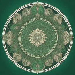 logo in a style of Mandala. Round. The logo depicts a mystical botanical motive. Thin lines. Ornament. Green