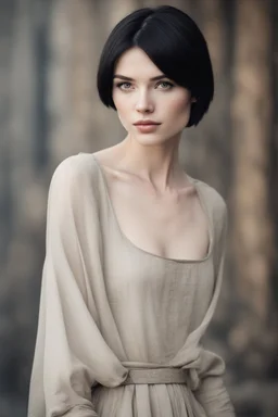 Scandinavian medieval woman with black short hair, pale skin, pretty lips, muscular