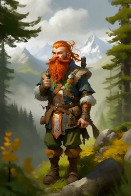 Realistisches Bild von einem DnD Charakters. Männlichen Zwerg mit orangenem Haaren. Er steht im Wald mit Bergen im Hintergrund. Er sieht aus wie ein Jäger und raucht pfeife.