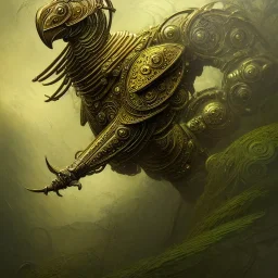 a digital art ibis in metallic gold and green battle armor, in a hurricane, a highly detailed illustration, background of Celtic jungle, realistic render, 8 k, micro detail, intricate, elegant, centered, digital painting, Artstation, smooth, sharp focus, illustration, artgerm, tomasz alen kopera, peter mohrbacher, donato giancola, joseph christian leyendecker, wlop, boris vallejo