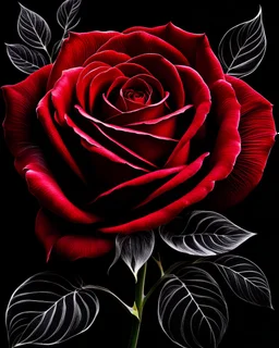 Deep red rose, black background, linear shapes