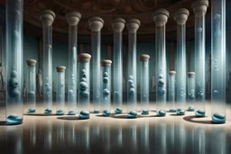 Large glass cylinders with embryos floating in liquid in a large hall 4k photo realism Yves Tanguy