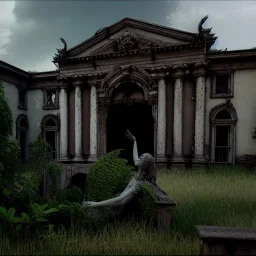 Abandoned baroque building, overgrown, statues, fallen roofs, highly detailed, unreal engine, octane render.