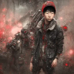 just a distant japanese boy, photo from behind, black hair, sitting on floor, akira red jacket with pill in the back, tokyo post apocalyptic, rain, extremely detailed, extremely realistic