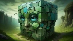 A surreal, dreamlike landscape with a cracked, segmented cube structure at its center. The cube appears to be made of jade or a similar green, weathered stone, and it forms a colossal face with striking blue eyes. Multiple faces are visible, emerging from the fractured facets of the cube, creating a disorienting, multi-dimensional effect. The surrounding environment is a barren, sandy desert under a bright blue sky dotted with fluffy white clouds. In the distance, tiny figures of people can be s