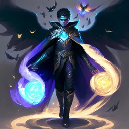 A 25 years boy persian in matte black robes with flaming eyes with grin with flaming light blue pupils stands atop a squire Two infinity gauntlets contain six infinity stones, one of which is made with nano In the hands of a powerful man walking While standing on a majestic height from afar With two big wings