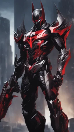 A close picture to Mix between symbiote and machine and batman in transformers cyborg with black metal and red details armor in solo leveling shadow art style with red details detailsis in fantasy world
