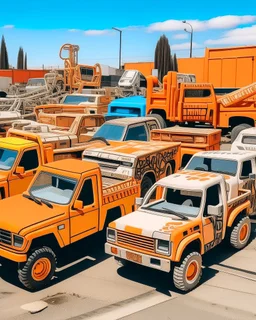 A pale orange colored junkyard with construction trucks painted by Keith Haring