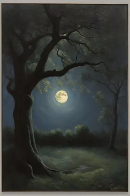 Night, tree leaves, moon, rocks, clouds, creepy gothic movies influence, horror, gustave caillebotte, alfred satw impressionism paintings