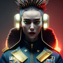 medium shot portrait, a monstress, wearing a denim jacket, realistic face, soft, red spiked hairstyle, delicate, green square eyes, intricate gold details on face, cyberpunk, powerful, horror, sharp focus, octane render, post-processing, epic composition, elegant, studio lighting, fiona staples, mandy jurgens, david finch, guillermo del toro