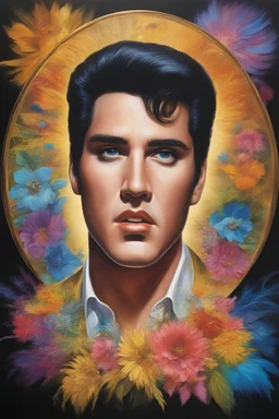 Elvis Presley's face inside a small gold circle, multicolored, large, Floral/rainbow designs, atmospheric, beautiful, bright, vibrant colors, pitch-black background, oil painting by Boris Vallejo, 4k UHD, Photorealistic, professional quality