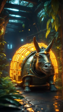 neon star light, magazine cover, metallic yellow orange donkey turtle chivalry knight with friendly cute face and hair locks in dark lit reflective wet jungle metallic hall dome hotel tunnel, in the style of fallout 4 game,bokeh like f/0.8, tilt-shift lens 8k, high detail, smooth render, down-light, unreal engine, prize winning