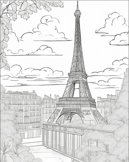 a coloring page, depicting the Eiffel tower in France, full page, black and white, line art, outline, highly defined lines,