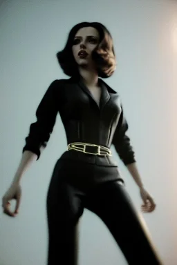 retro portrait image from 1960, New York explosion, long hair, young Scarlett Johansson, classic black tight lycra suit, weapons, gold bracelet and belt, high heel boots, soft color, highly detailed, unreal engine 5, ray tracing, RTX, lumen lighting, ultra detail, volumetric lighting, 3d, finely drawn, high definition, high resolution.