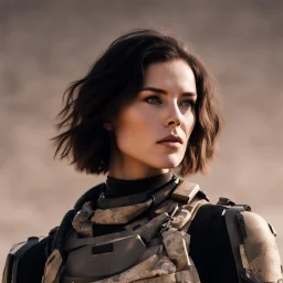 beautiful sexy caucasian female soldier, black metal body and limbs, visible cybernetic limbs, scratched sand camo, no armor, short brunette wavy bob haircut, dystopian, desert scene