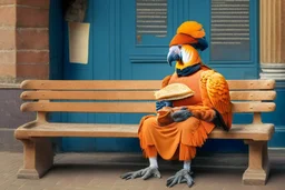 Half parrot half human in a 1700s Orange Dutch uniform siting on a bench in a Dutch city eating a loaf of bread