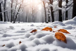 real photo, realistic photo, two leaves falling on the ground full of snow, snow scene in the background, photo, winter and autumn contrast, photo realistic, winning photo, good quality