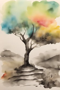 Where Reality Ends And Imagination Begins; Ink Wash with palette with colors of nature