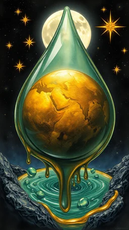 art illustration in the style of Luis Royo, large droplets of viscous and syrupy fluid, burnished jade, planet earth in crystal shape with the golden mars and crystal white transparent moon , and glowing stars in the background with golden yellow, ink black