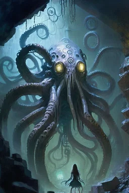 Agatha's eyes widened as she beheld the colossal octopus-robot, an awe-inspiring creation that towered over the cave's confines. Its metallic limbs reached out like a network of serpentine tendrils, poised and ready to strike against the forces of evil