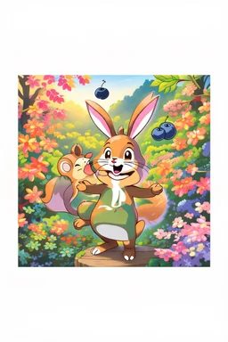 The friendly squirrel holds a blueberry excitingly in the air, the cute bunny and squirrel is laughing, child book illustration style, faces must be the same as reference image