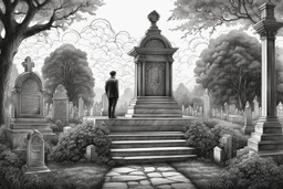 Man standing a front of his mom grave in Cemetery in 8k tattoo drawing style, intricate details, highly detailed, high details, detailed portrait, masterpiece,ultra detailed, ultra quality