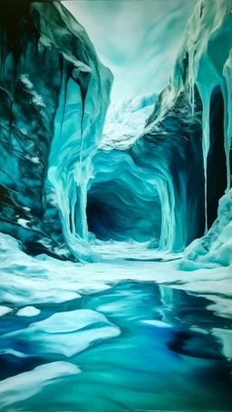 A cyan snowfield with an icy cavern designed in Kuna molas painted by Edvard Munch